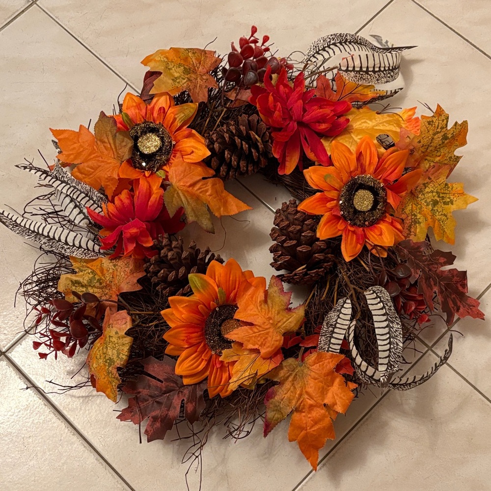 Autumn Harvest Wreath with Sunflowers and Pinecones